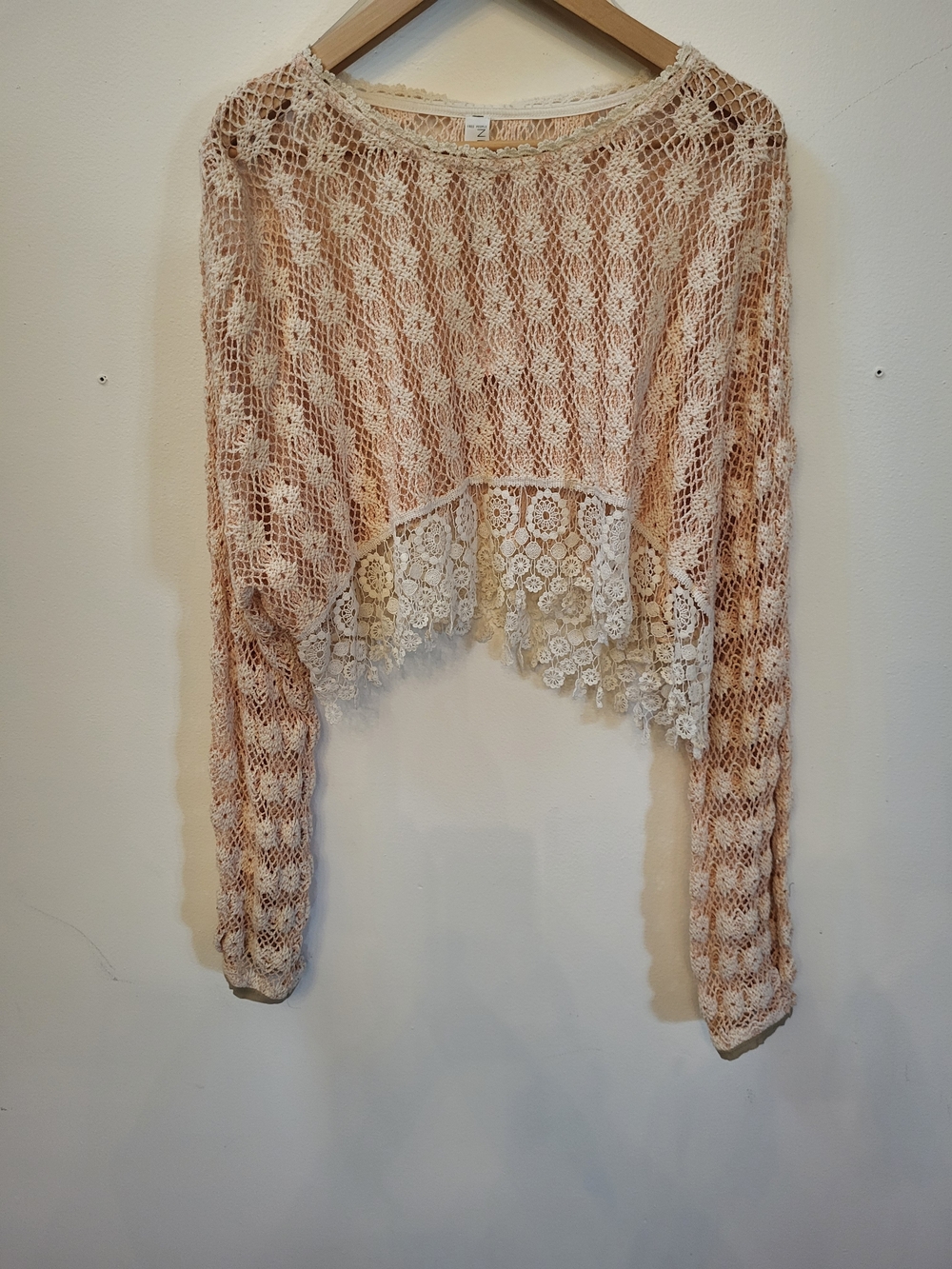 Free People Peach Crochet Open-Knit Top with Cream Trim